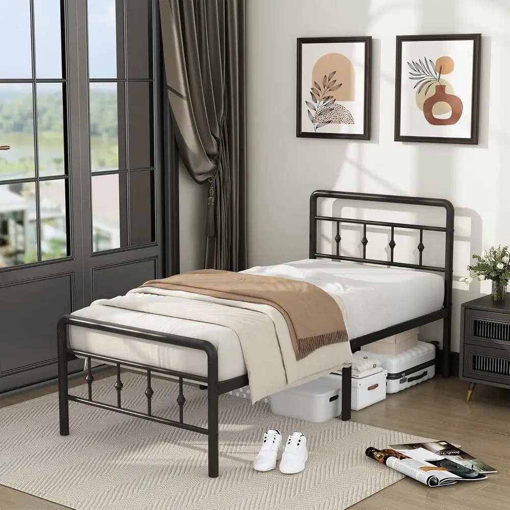 Vintage metal platform bed with headboard, footboard and container under the bed, does not need spring mesh, durable iron structure