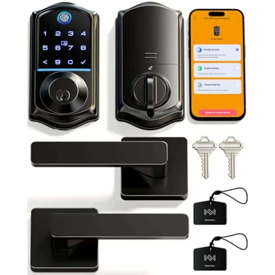 VE017-B Serratura Intelligente con Impronta Digitale per Porta d'Ingresso, Controllo tramite App, Ingresso Senza Chiave 7-in-1, con 2 Maniglie a Leva in Lega di Zinco S