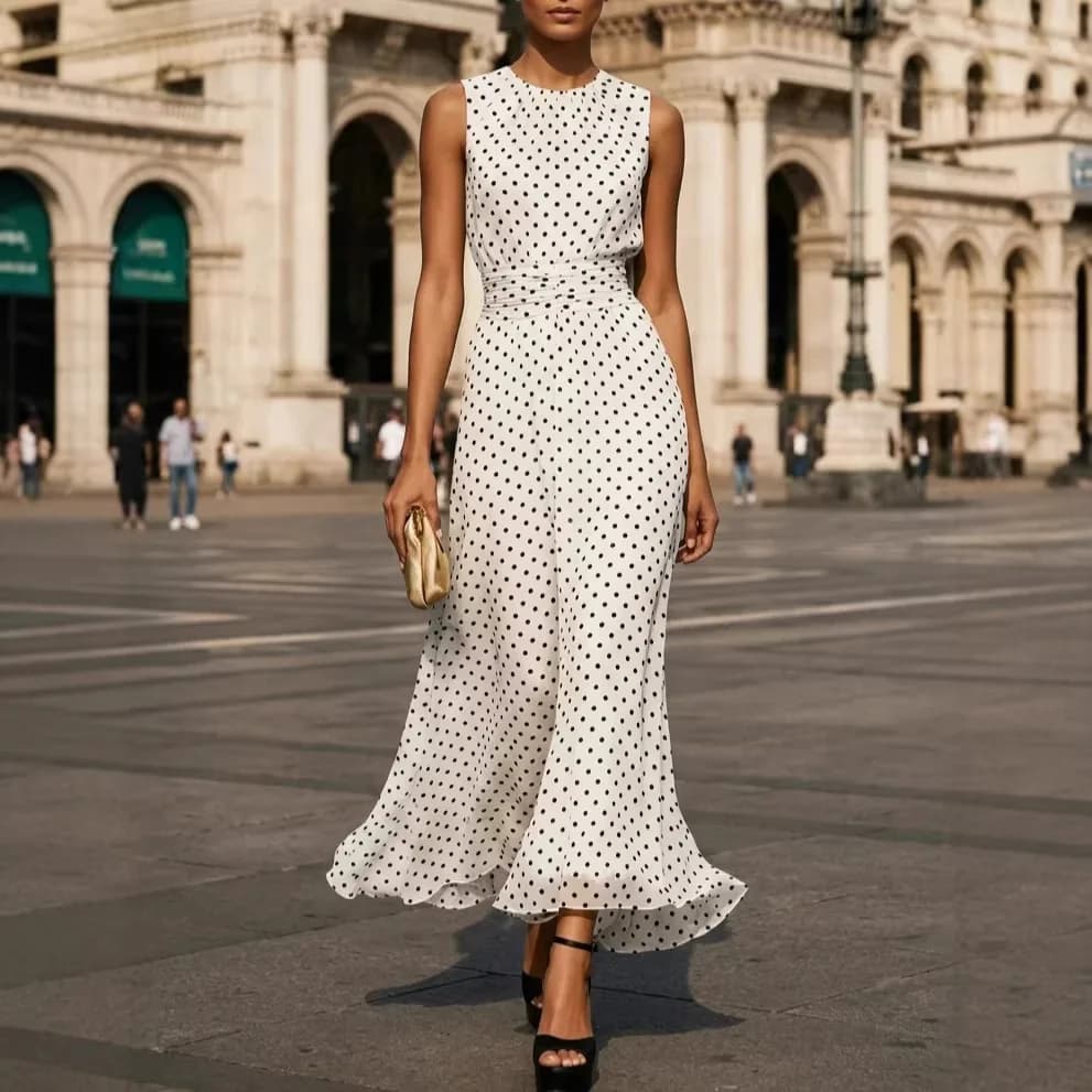 Elegant Polka Dot Long Dress Women Summer 2026 Fashion Sleeveless O-neck Maxi Dresses Casual
