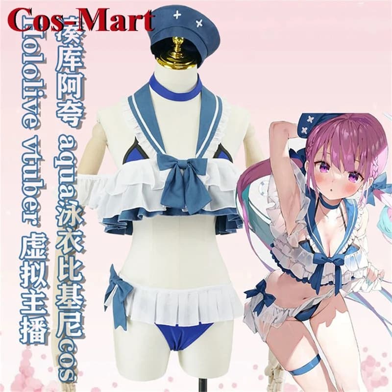 Cos-Mart Costume Cosplay Anime Vtuber Hololive Minato Aqua, Costume da Bagno Dolce e Adorabile, Bikini per Feste e Giochi di Ruolo, Taglie XS-XXL