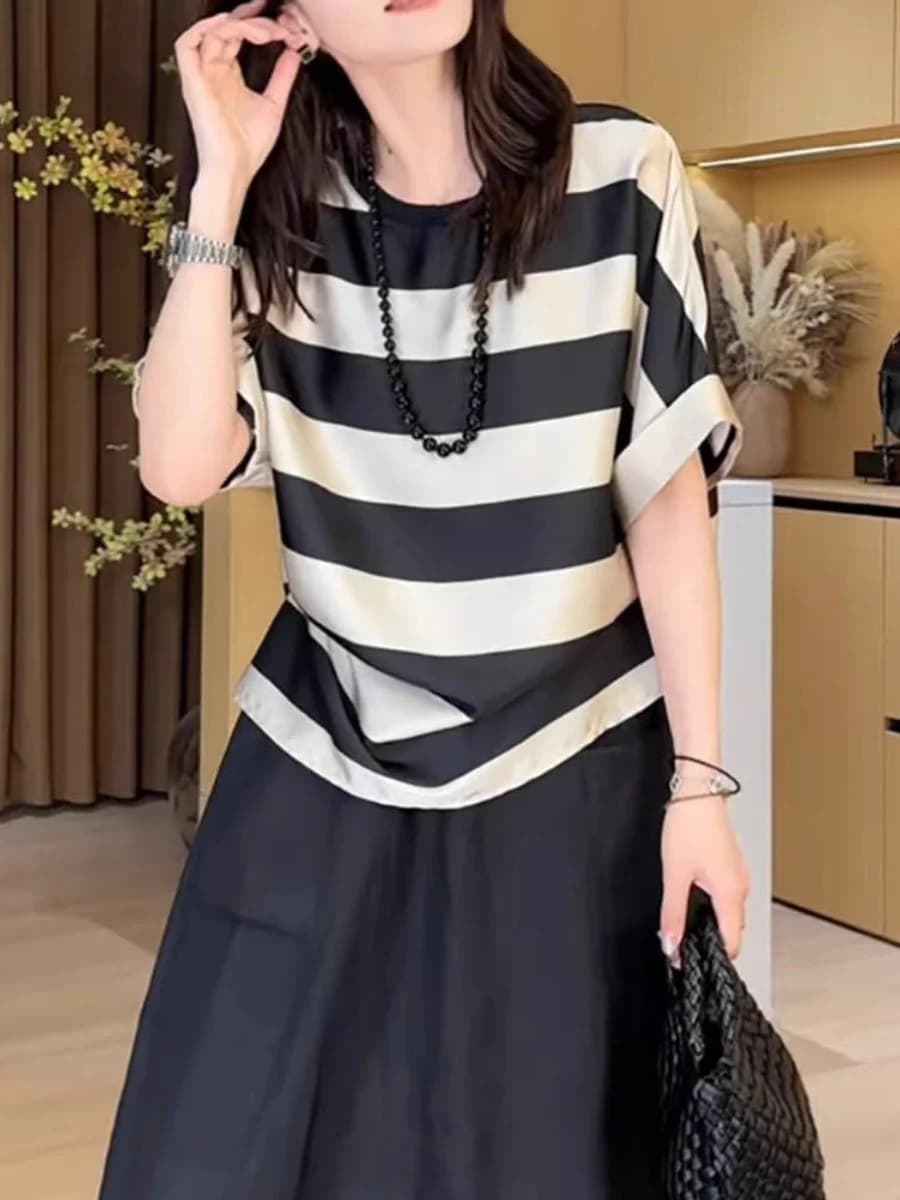 plus Size Summer Striped Loose Women's T-shirt Short Sleeve Fashionable Commute Style round Neck Mid-Length Silk Material