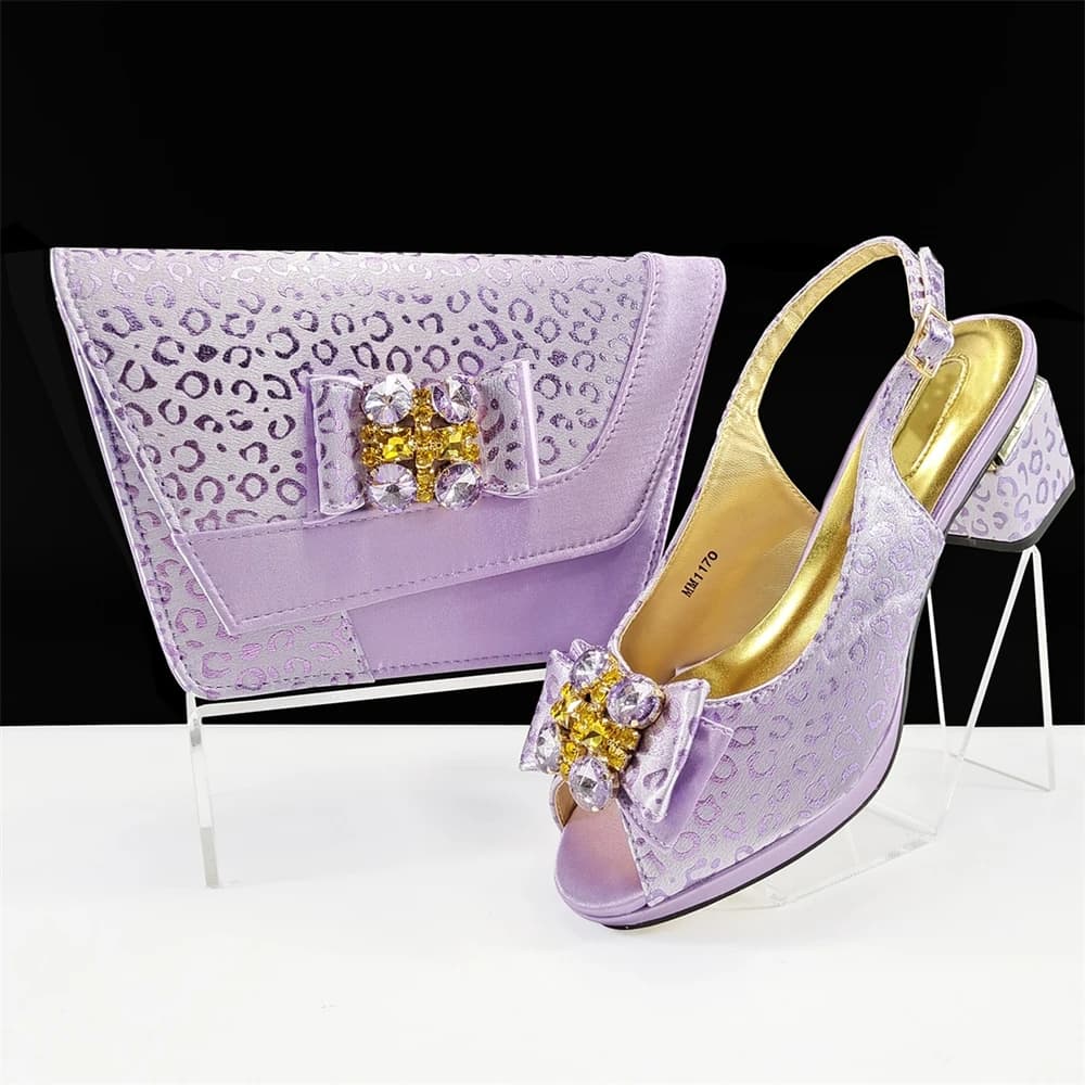 Eleganti Scarpe Nigeriane con Strass e Punta Aperta per Signore e Set di Borse Abbinate, Nuovo Stile Africano, Scarpe con Tacco Alto e Set di Borse per Feste