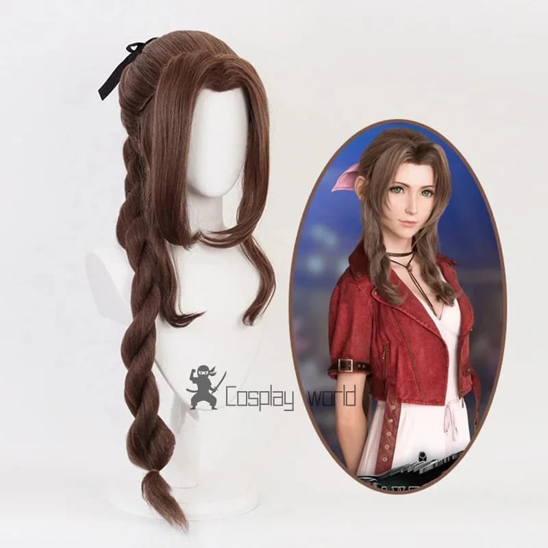 Final Fantasy VII Cosplay FF7 Aerith Gainsborough Wigs Cosplay Heat Resistant Synthetic Hair Brown Cosplay Wig + Free Wig Cap