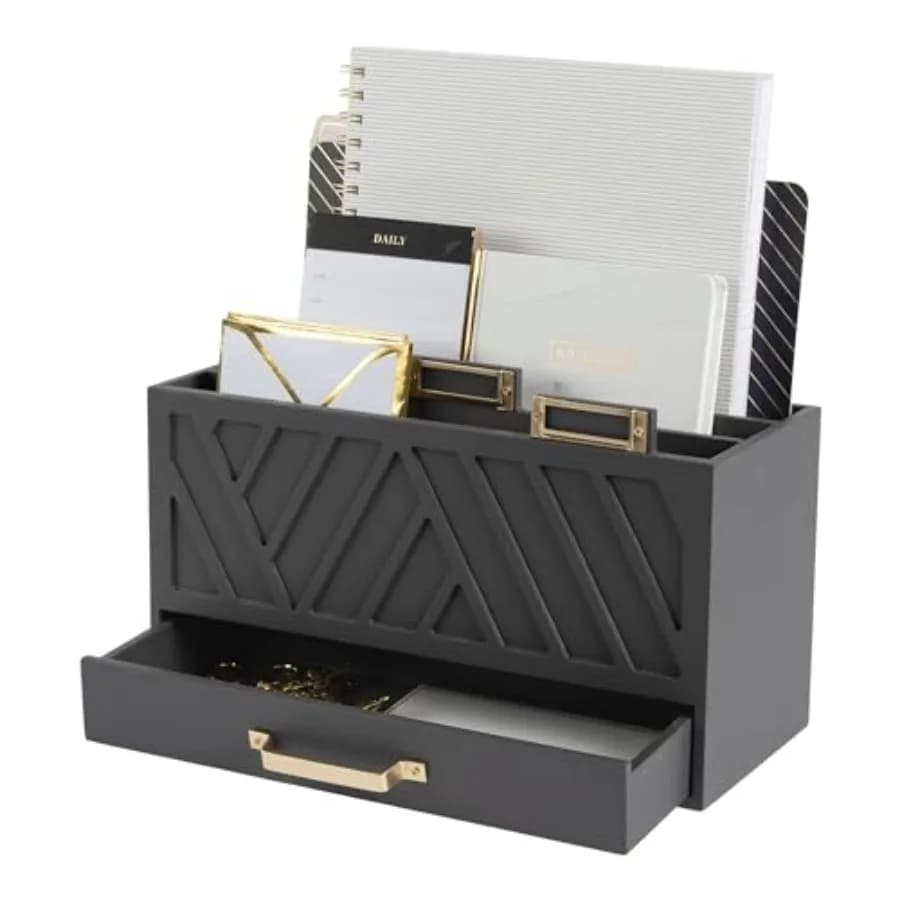 Organizzatore Postale da Scrivania a Tre Livelli con Porta Etichette Dorati e Cassetto, Elegante Porta Posta e Contenitore per Documenti da Bancone