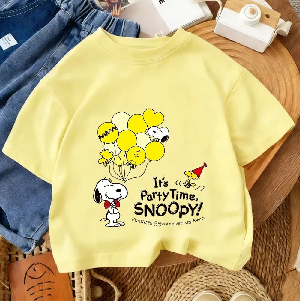 T-shirt casual estiva con scollo rotondo, simpatici top alla moda con cartoni animati per bambini, Snoopy, ragazzi, ragazze, 3-14 anni
