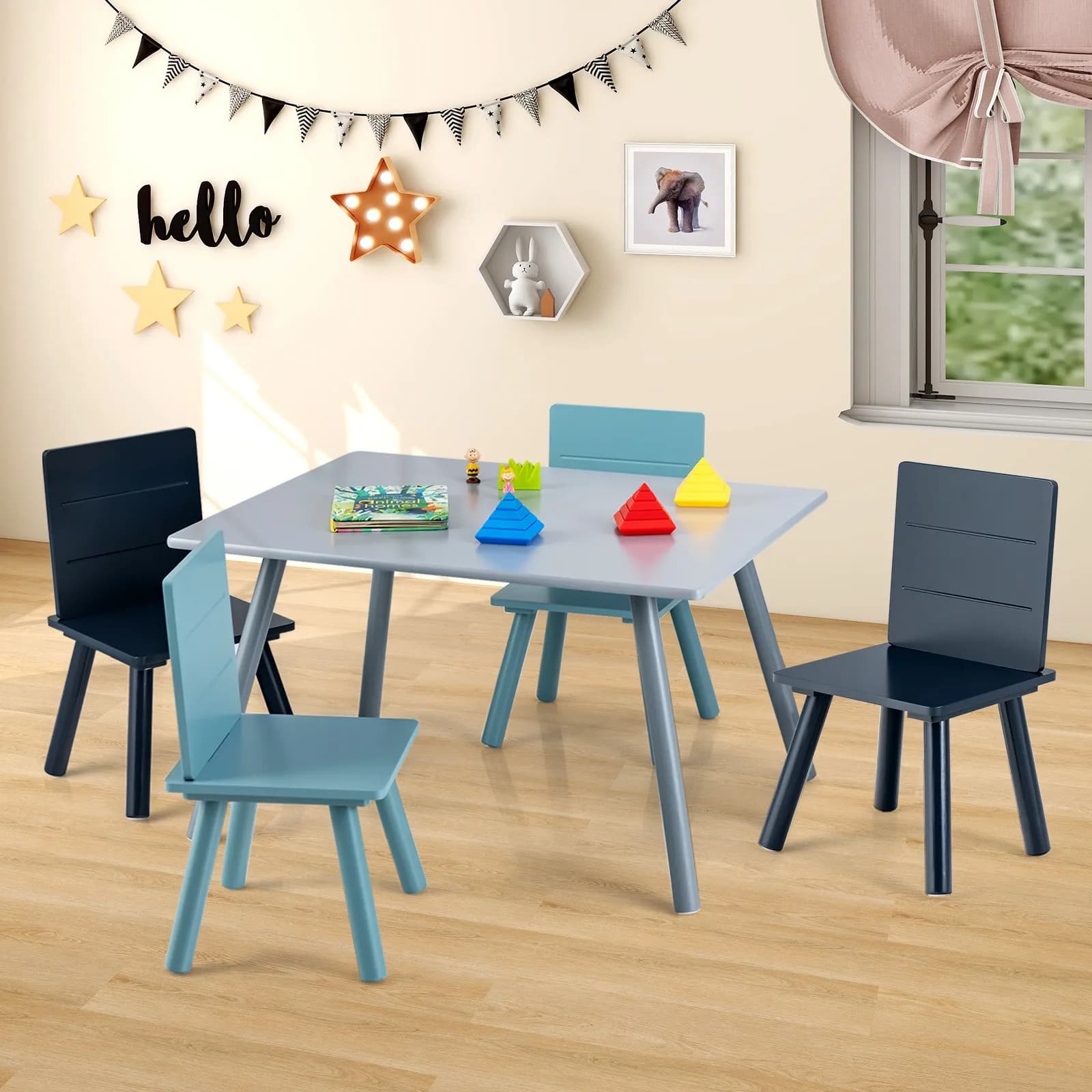 Set di mobili in legno per bambini da 5 pezzi, set tavolo e sedie con schienali e sedili