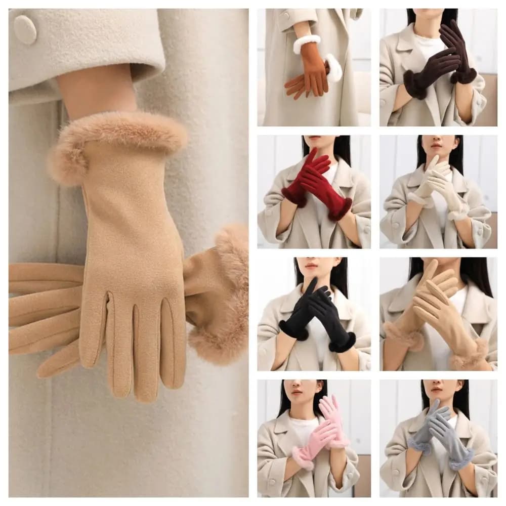 Fashion Solid Color Suede Gloves Windproof Touch Screen Full Fingers Mittens Warm Soft Women Winter Gloves Skiing