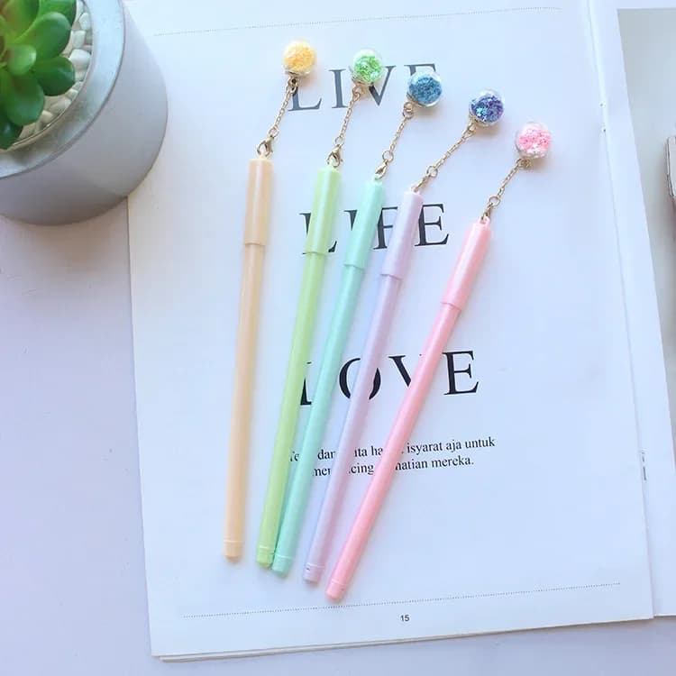 36 pezzi di luce notturna con pendente a sfera in vetro, penna media, simpatico cartone animato, creativo, penna ad acqua nera, testo per studenti, penne gel in metallo