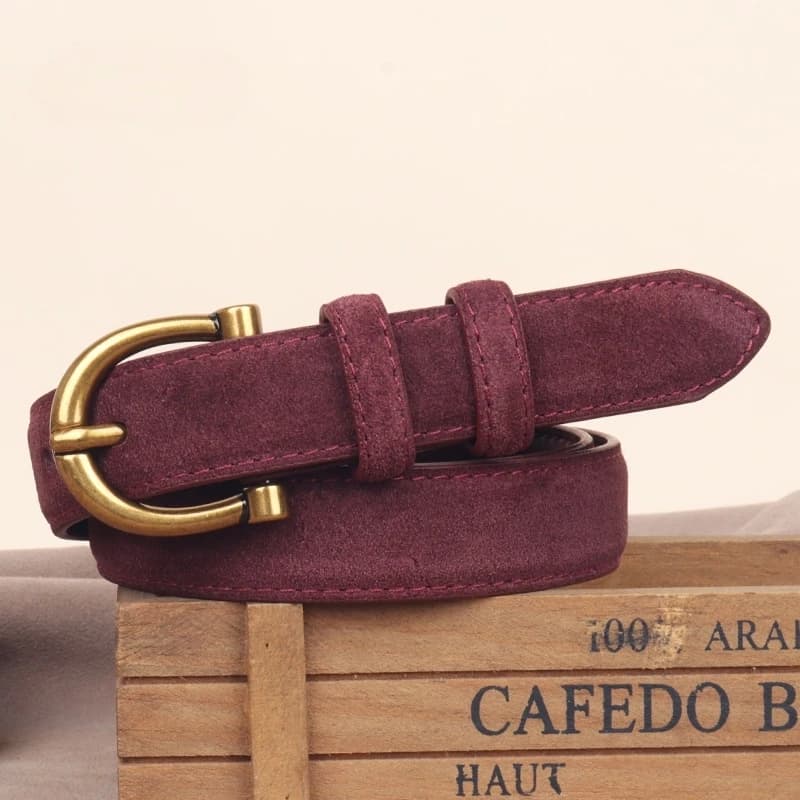 Cintura da Donna alla Moda in Vera Pelle Scamosciata, Sottile, con Fibbia Dorata, Rosso Vino, per Jeans e Pantaloni Casual