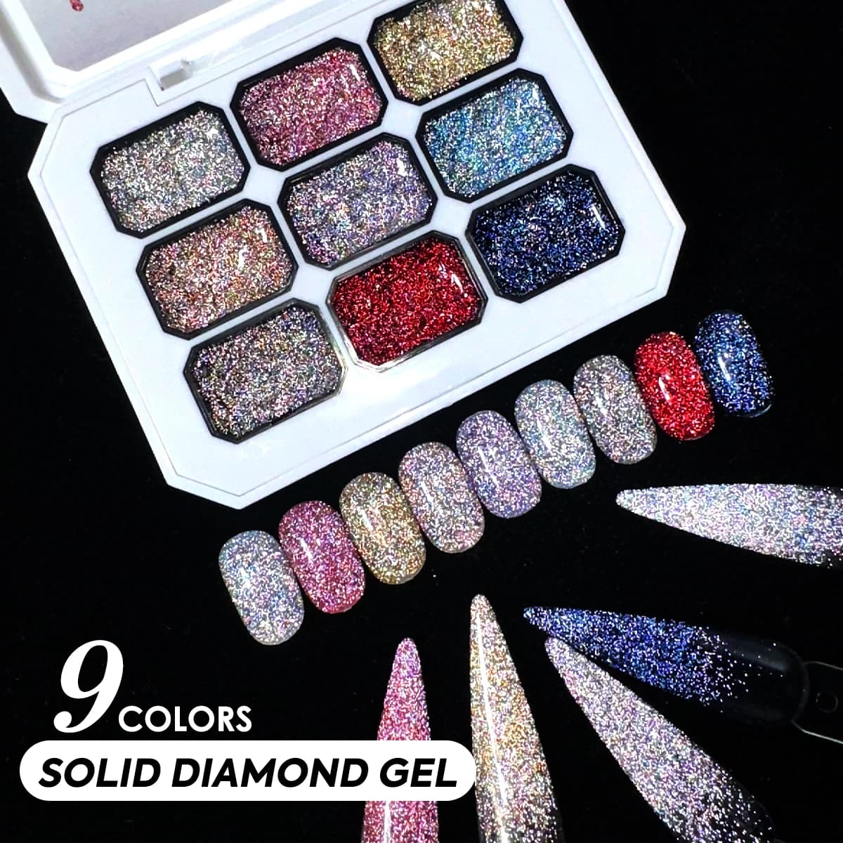Solid nail polish effect 9 color infrared diamond, nail gel effect bright broken diamond, long lasting shine, for DIY manicure at home or in salon.