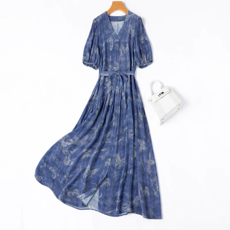Women Silk Midi Dress 100% Mulbery Silk Crepe Silk Blue Butterfly Printed V Neck Belt Waist Long Dress 2026 Summer L XL M1313