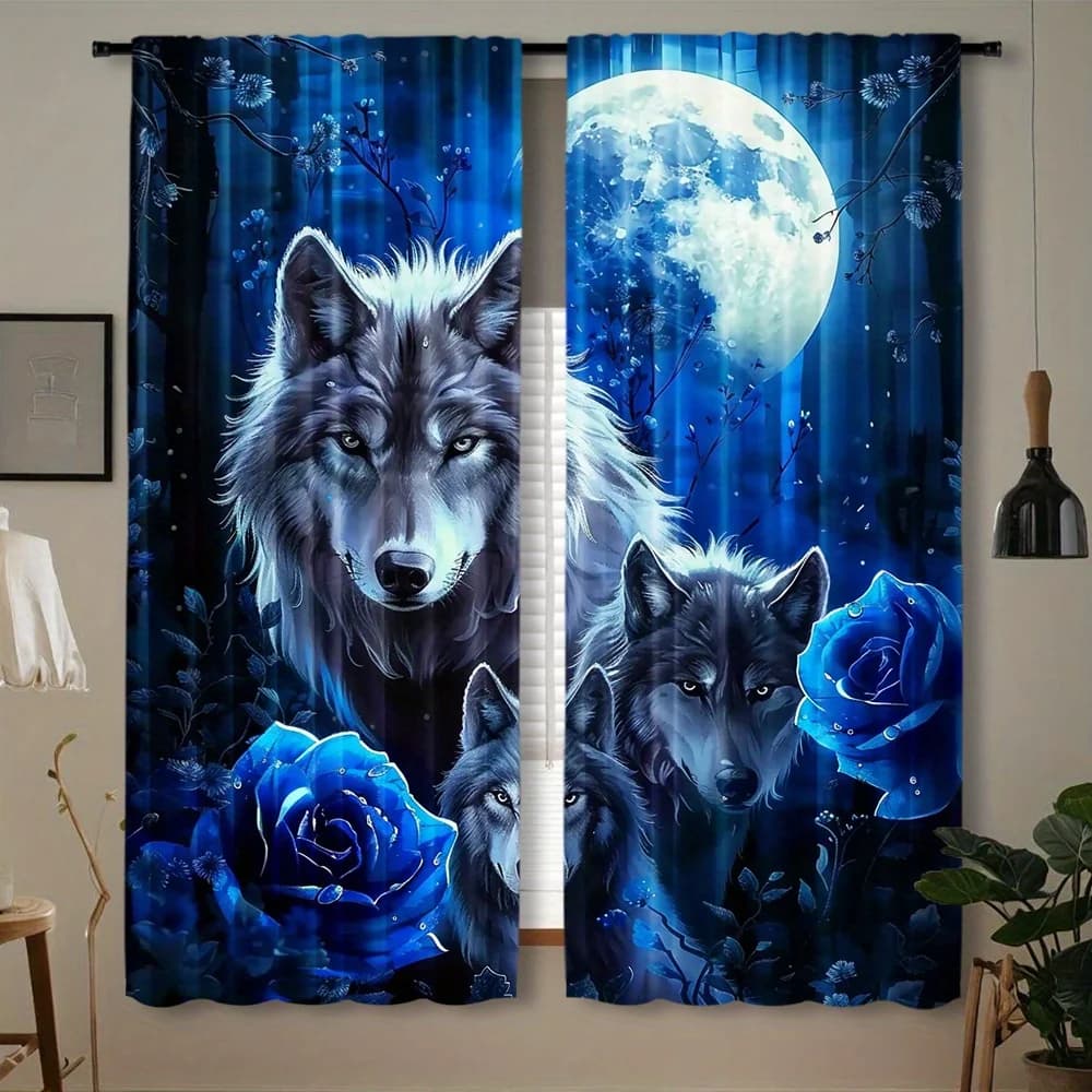Wolf-Themed Polyester Pongee Room Darkening Curtains 2pcs Set - Contemporary Semi-Sheer Rod Pocket Drapes for Bedroom, Living Ro