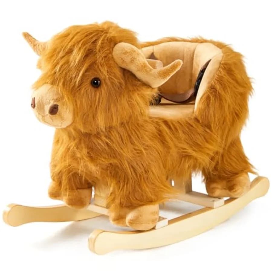 Baby Rocking Horse, Highlander Cattle Wooden Rocking Horse for Toddlers 1 Year Old, Natural Wood with Cream and Brown Finish, S