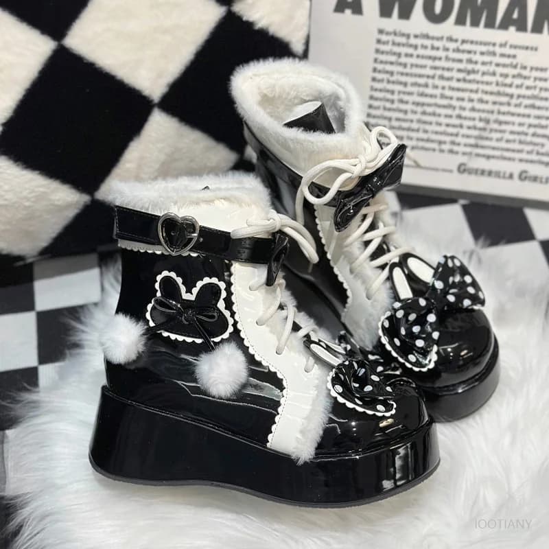 Dolce Lolita Stile Stivali da neve invernali Cosplay Studentessa Carino Peluche Caldo Polka Dot Bunny Orecchio Foderato in pile Scarpe con plateau 2026