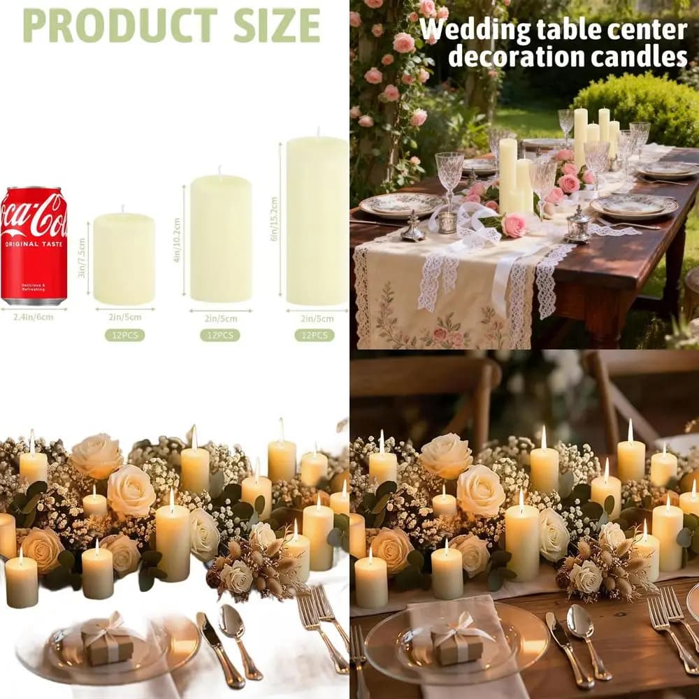 Set of 36 Ivory Column Candles, Measures 2x3, 2x4, 2x6 Inches - 12 of Each, Ideal for Burning Without Smoking, Weddings, Home Decorations