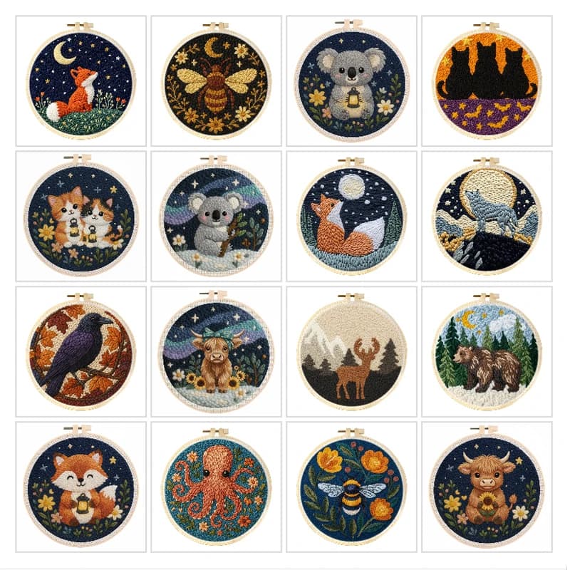 20x20cm Punch Needle Embroidery Starter Kits Sewing for Adults Beginners Animal Pattern with Hoop Embroidery DIY Craft Set Home