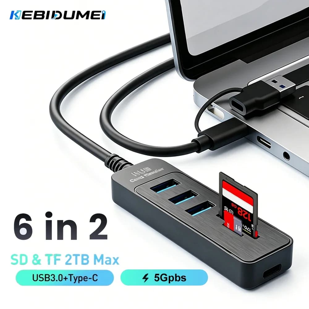 KEBIDUMEI 6 in 2 Card Reader USB3.0 Type C HUB SD TF Memory Card USB Splitter 5Gbps High Speed OTG Adapter for PC Laptop Macbook