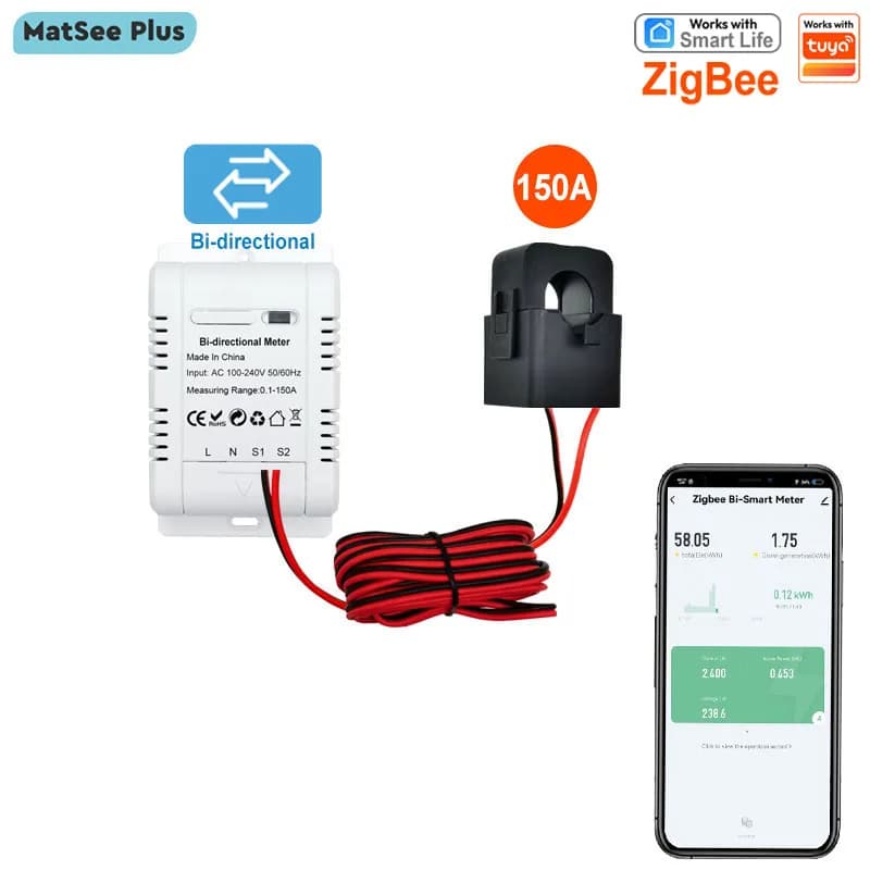 Smart Bidirectional Two Way ZigBee Energy Meter 150A Current Sensor for Solar Import Export KWh Monitor support Tuya Smart Life