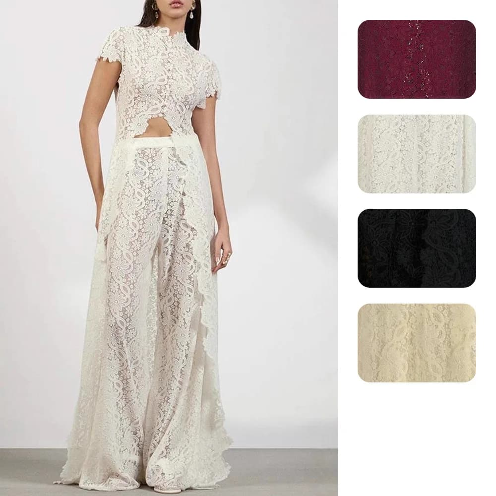 Women Lace 2 Piece Pants Set, Mock Neck Cap Sleeve Cutout Waist Crop Top + Ruffle Trim Sheer Wide Leg Floor Length Palazzo Pants