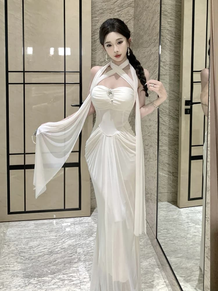 Elegant Long Sleeveless Wrap Dress with Sash French Style Casual Summer Sexy Pleated Slim Fit Gown One Shoulder Neck Hanging