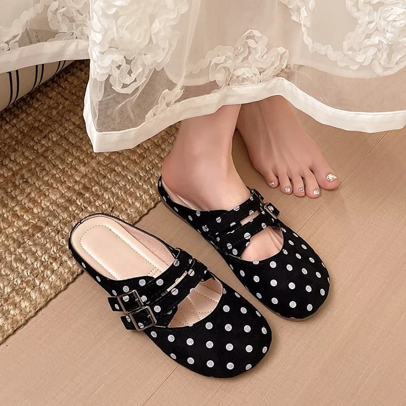 Sandali piatti a pois da donna, nuovi modelli primavera estate 2026, stile francese con fiocco