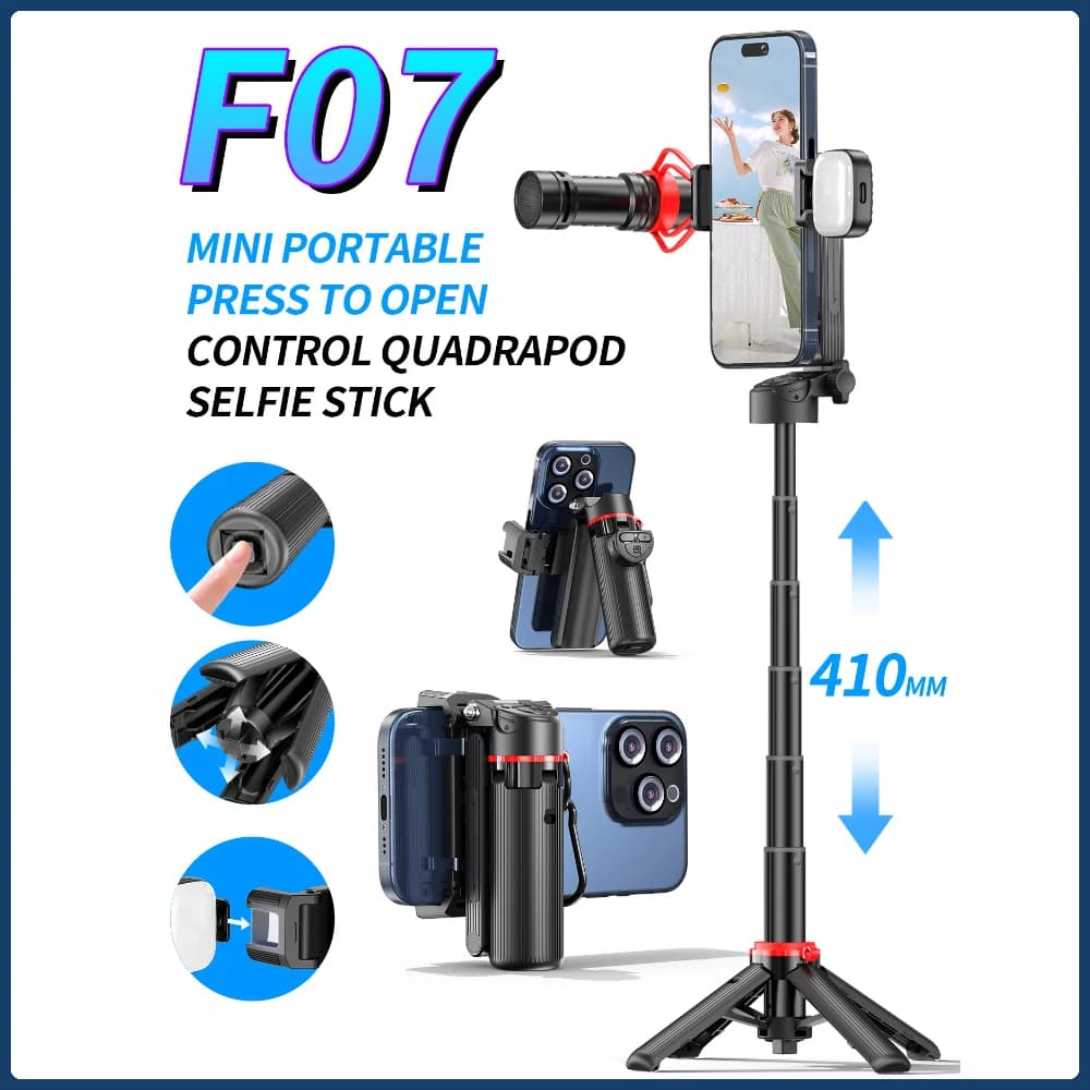 F07 Treppiede da tavolo per selfie stick estensibile Supporto per telefono Mini quadpod portatile per la registrazione video del telefono cellulare con telecomando zoom