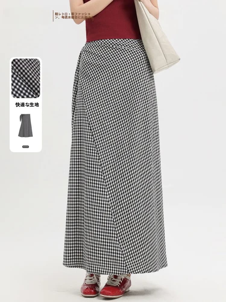 Retro Belted Plaid Design Half Skirt Summer New Arrival Memory's Start Umbrella Skirt Breathable Skin-Friendly Daily Wear