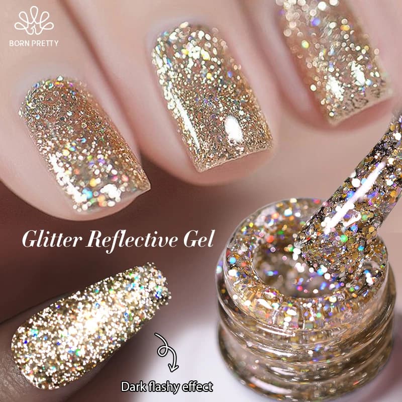 BORN PRETTY Champagne Gold Glitter Smalto gel per unghie riflettente 10ml Gel per unghie scintillante Varnis Gel UV semipermanente Gel per nail art