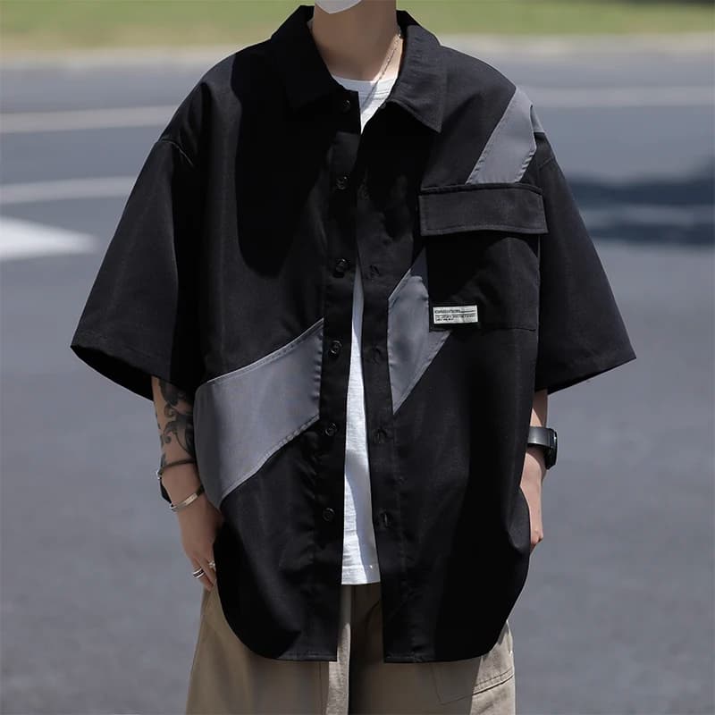Summer Men's Loose Fit Short Sleeve Shirt Design Sense Patchwork Casual Workwear Jacket Cityboy Style Pure Color Point Collar