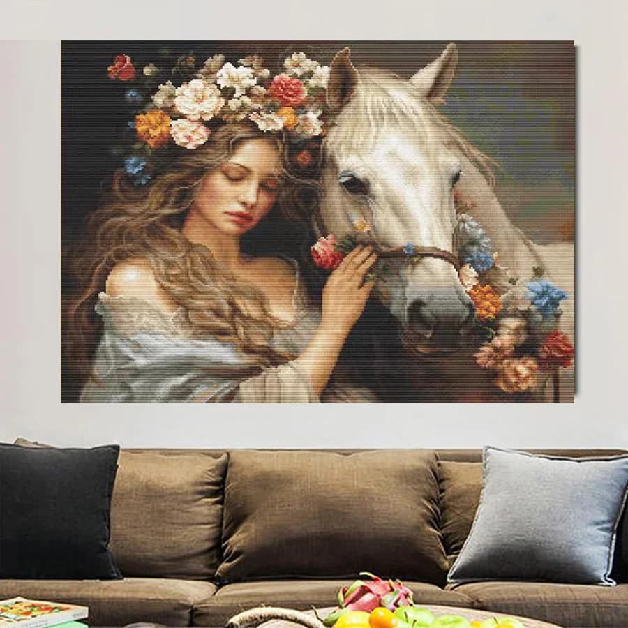 Woman with Flowers and Horse Diamond Mosaic Full Crystal Embroidery Diamond Painting Cross Stitch Rhinestones Picture Wall Art
