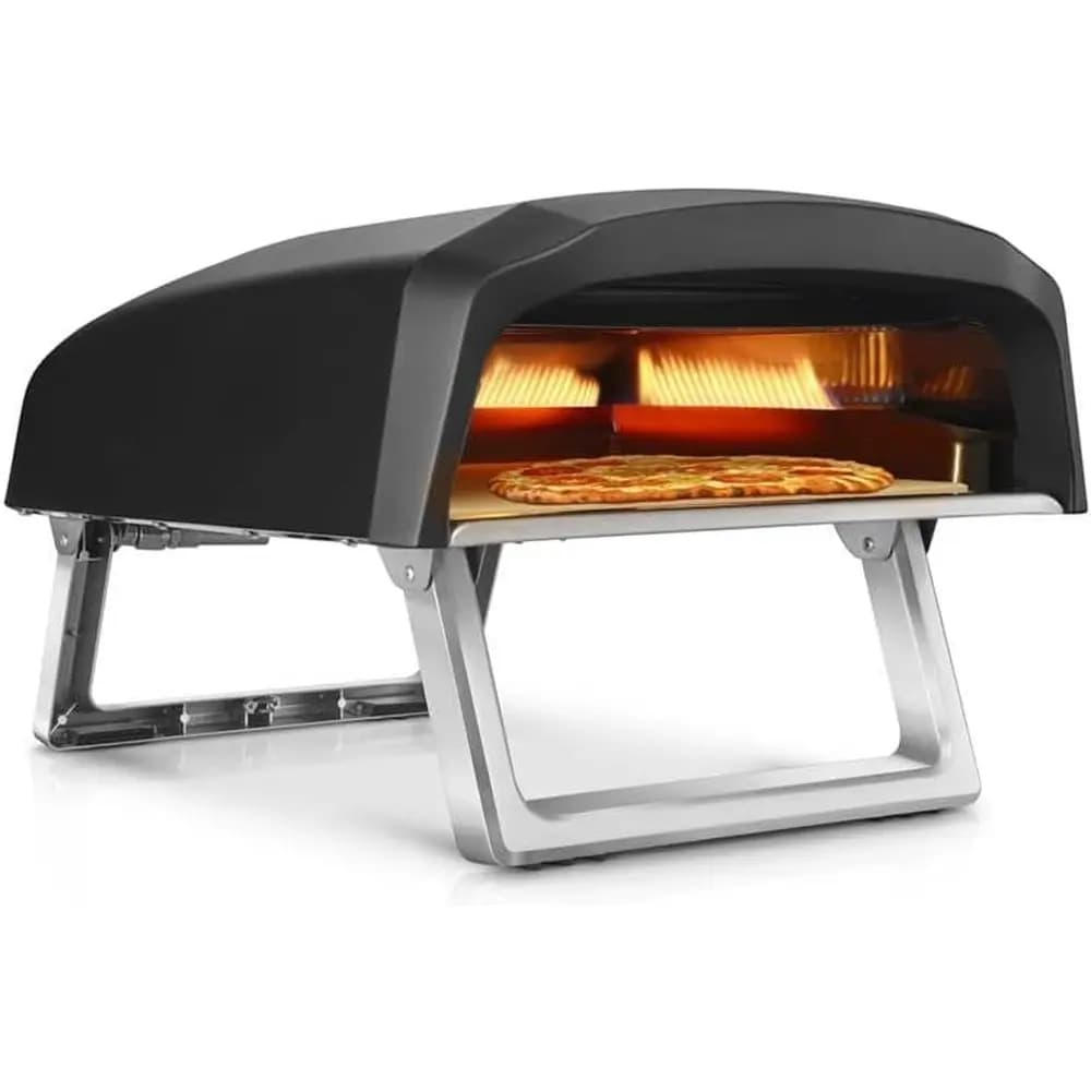 Portable Outdoor Gas Pizza Oven - Includes Foldable Feet, Adjustable Heat Control Dial, Burner, Stone & Regulator Hose - Cooks 1