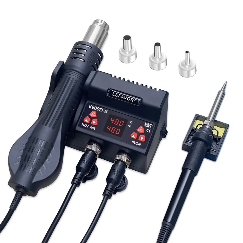 Lefavor 8909 stazione di saldatura digitale BGA SMD strumento di rilavorazione per saldatura, saldatore + pistola ad aria calda portatile