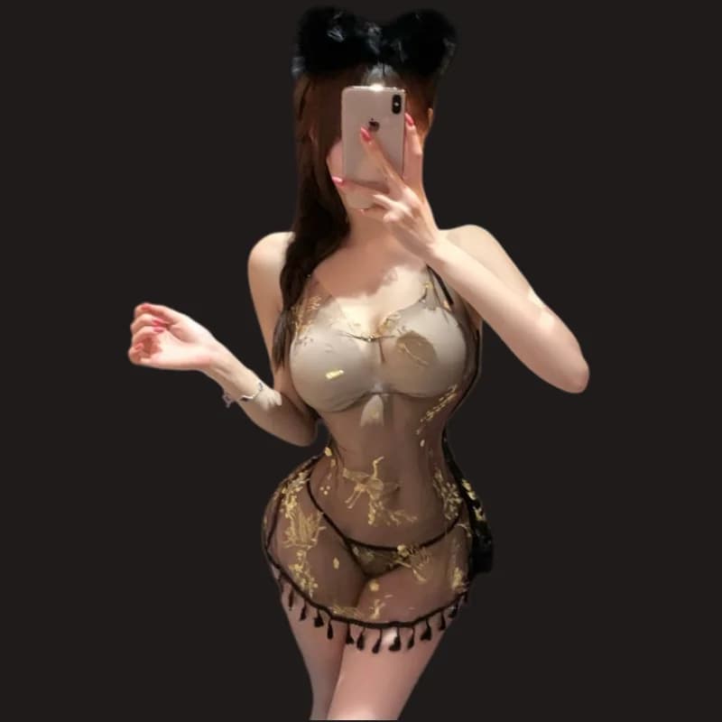 Completo intimo sexy da donna con motivo gru, gonna da notte, con laccetto al collo, trasparente, seducente e con schiena scoperta