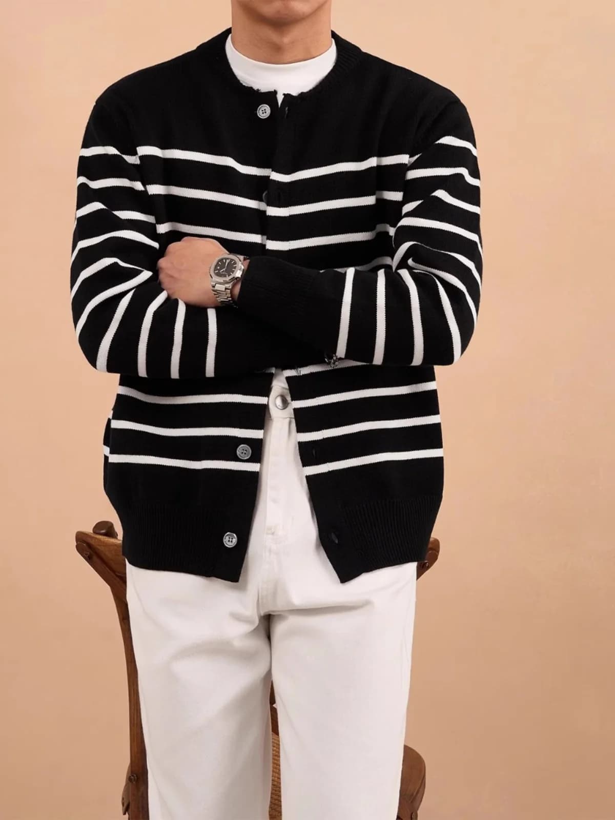 Cardigan Aperto Lavorato a Maglia, Casual con Collo Tondo, Stile Coreano Autunno-Inverno, Design a Righe, Giacca Maglione alla Moda con Bottoni