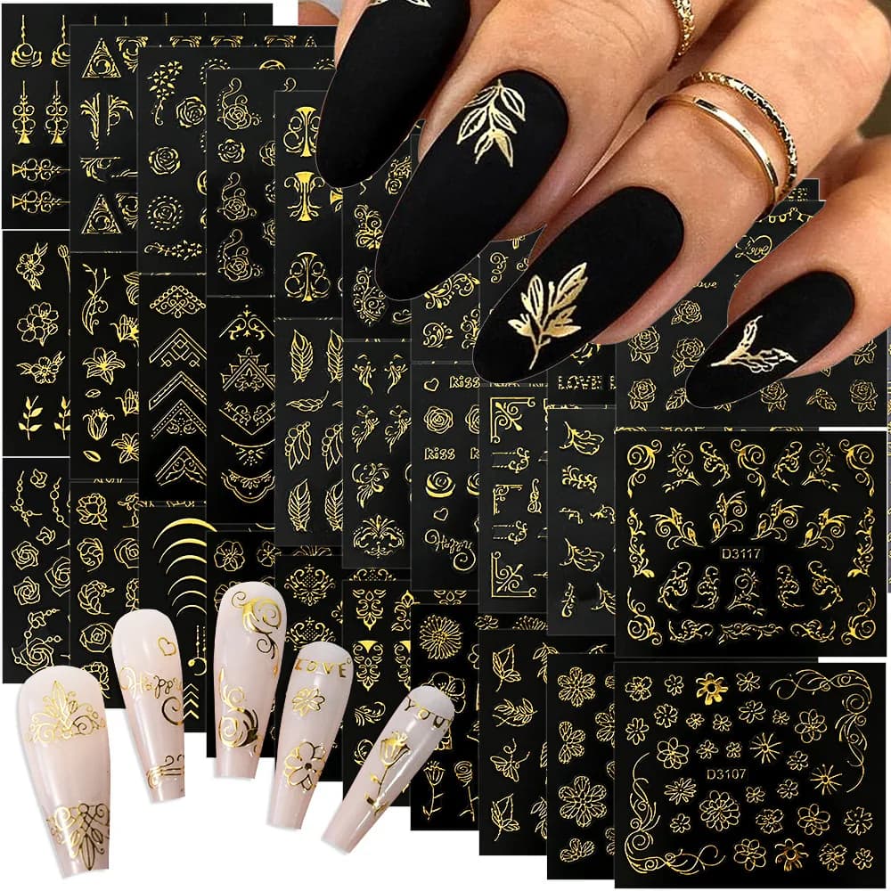 Set di 30 Fogli di Adesivi per Unghie Dorati, Bianchi e Neri con Motivi Floreali - Decorazioni 3D Autoadesive Scintillanti con Foglie e Fiori per Manicure Fai-da-Te