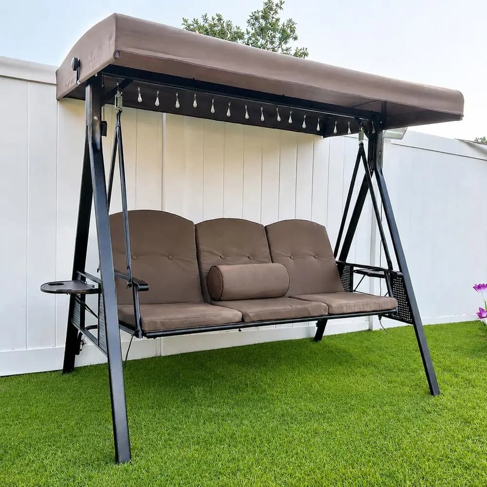 3-Seat Deluxe Outdoor Patio Porch Swing with Weather Resistant Steel e, Adjustable , Cushions and Pillow Included, Beige