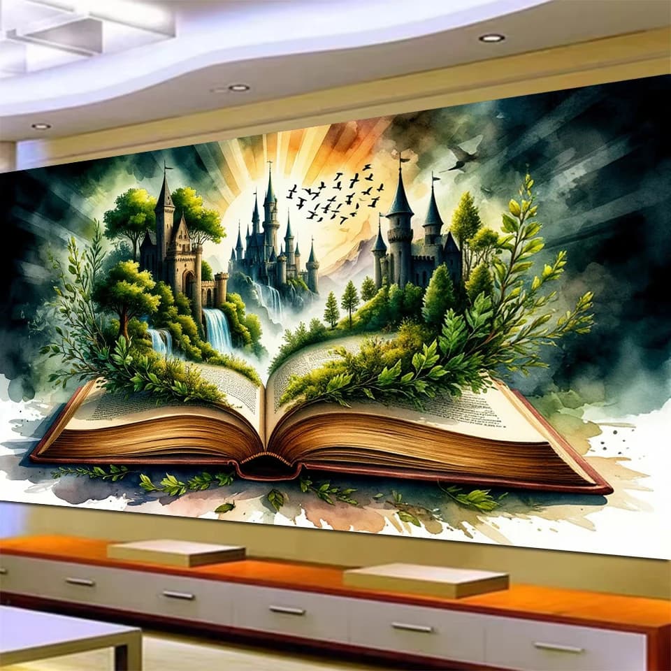Fantasy Book Castle Paesaggio Pittura diamante 5D per adulti Albero verde Foresta Fai da te Gemme di diamanti quadrate rotonde complete Pittura Art