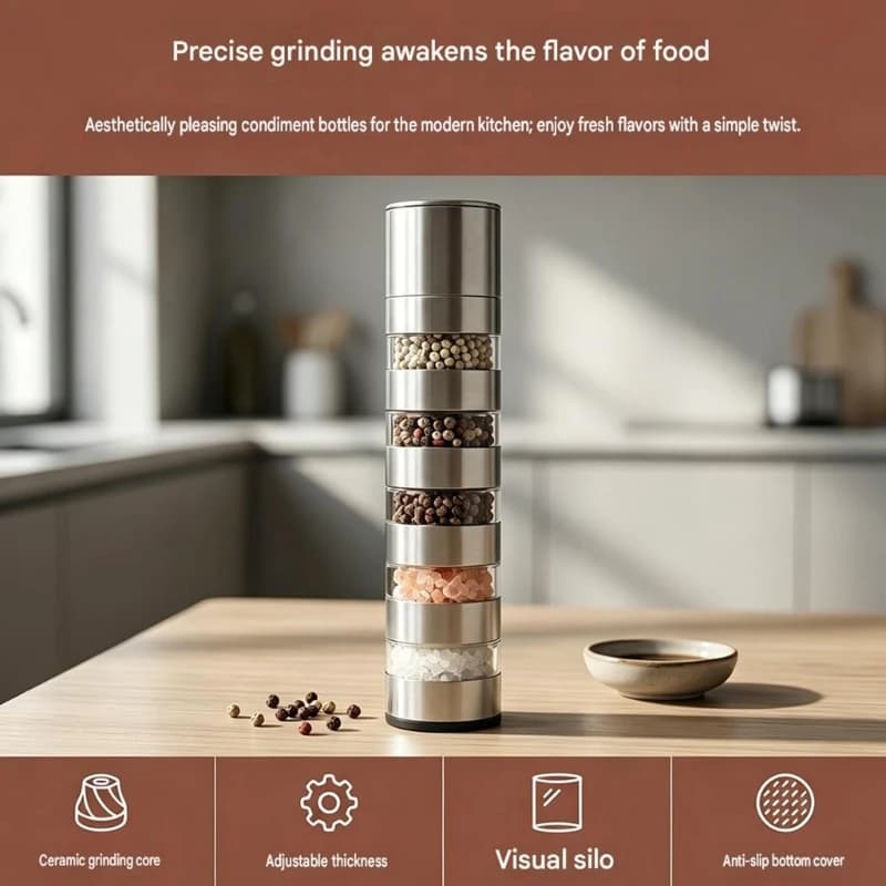 Nonrust Steel 5 Layer Mini Spices Container Set Portable Changable Grinders Seasoning Dispenser For Kitchen And Outdoor Use Y5GB