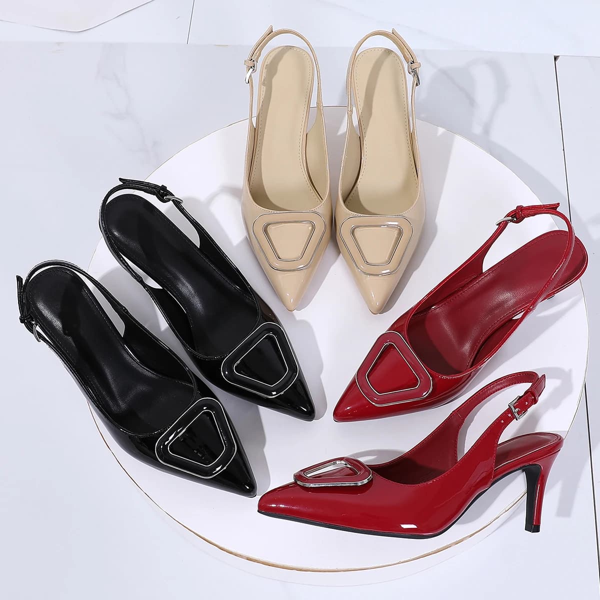 2025 New Women's Metal Triangle Buckle Pointed Toe Slingback High Heels, Patent Leather Kitten Heel Dress Shoes, Elegant Office Party Stiletto Heels