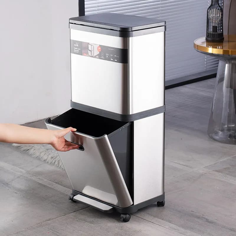 Cestino per Rifiuti in Acciaio Inox con Coperchio a Pressione, Doppio Strato, Ruote Scorrevoli, per Ufficio e Cucina, Facile Utilizzo Senza Piegarsi