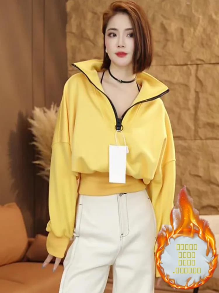 Felpa con Cappuccio in Pile Spesso a Maniche Lunghe da Donna, Top Casual alla Moda con Cerniera e Collo Alto, Felpa con Vita Stretta, Nuova Collezione Autunno Inverno