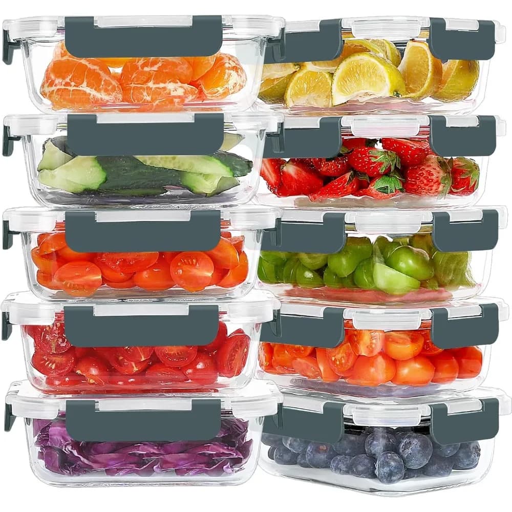 Confezione da 10 contenitori per la preparazione dei pasti in vetro da 22 once con coperchi Scatole per il pranzo ermetiche per la conservazione degli alimenti senza BPA Cassaforte per microonde e congelatore
