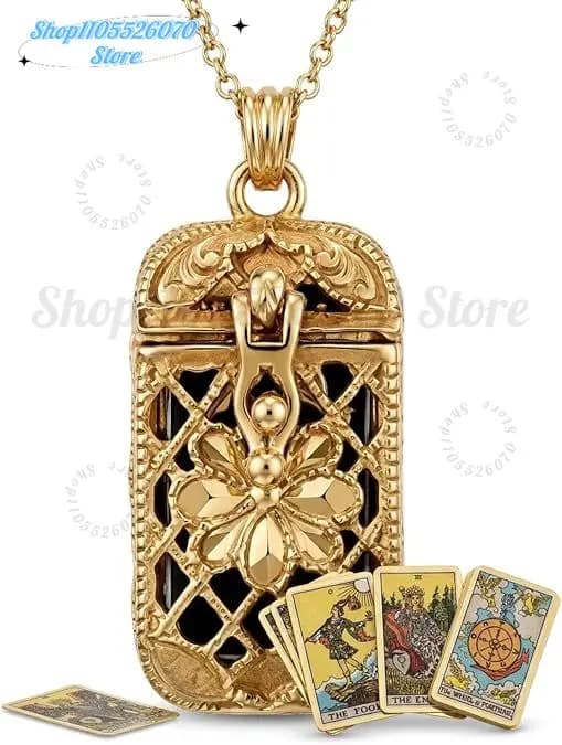 2026 Tiny Tarot Card Necklace, Necklace with 22 Mini Colorful Cards in Cage Pendant, Steampunk Pendant Necklace for Men Women