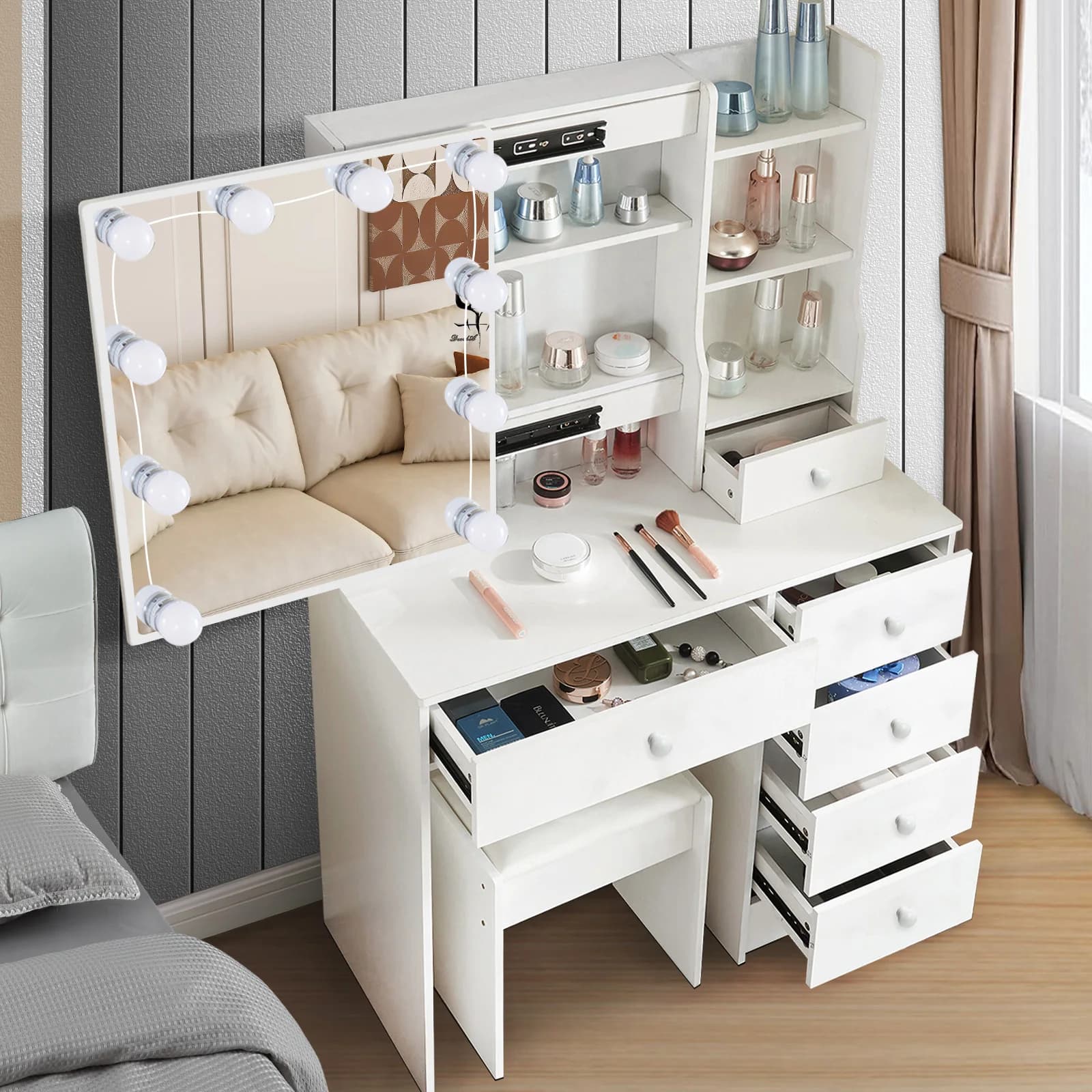 Modern Makeup Vanity Table Set with LED Lighted Mirror & Stool, Bedroom Dressing Desk with Storage Drawers, Beauty Station for Women