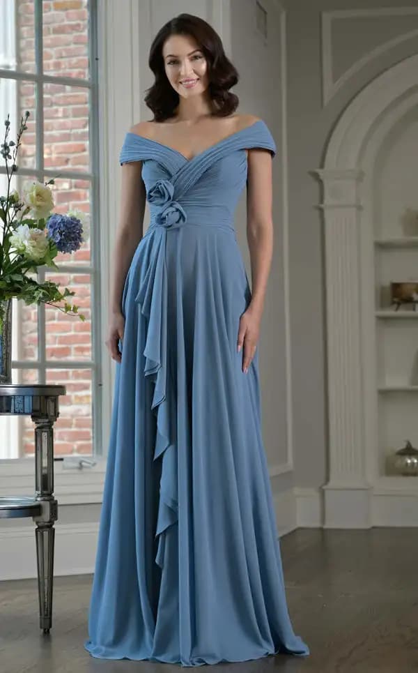 Customized Classic Chiffon Criss-Cross Pleat Ruffle Handmade Flower A-line Off-the-shoulder Long Dresses Evening Dresses Elegant