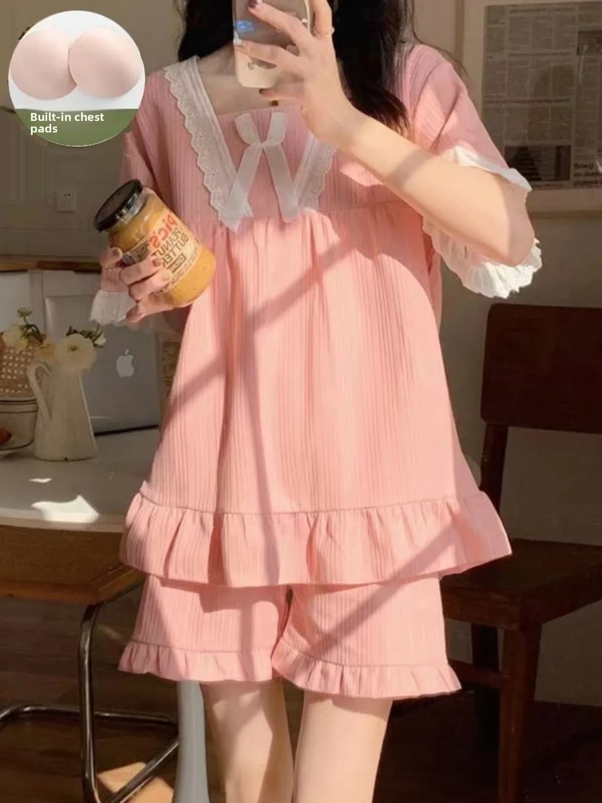Set Pigiama Estivo a Maniche Corte per Donne, Stile Principessa Carino, Abbigliamento da Casa con Imbottitura sul Petto, Set Due Pezzi in Fibra di Poliestere
