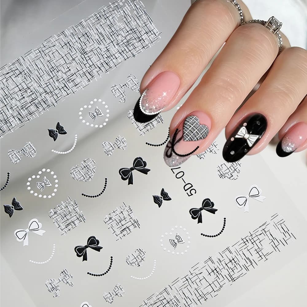 5D Embossed Black White Ribbon Bow Plaid Nail Stickers Heart Checkered Nail Art Decals Lace Stripe Love Self-Adhesive Nail Decor