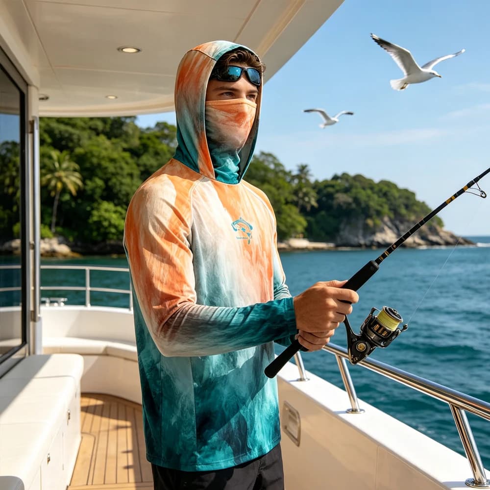 Men Long Sleeve Top Fishing Hooded Face Mask UPF50+ Anti‑UV Quick Dry Breathable Lightweight Wear Clothing Shirt for Fishing