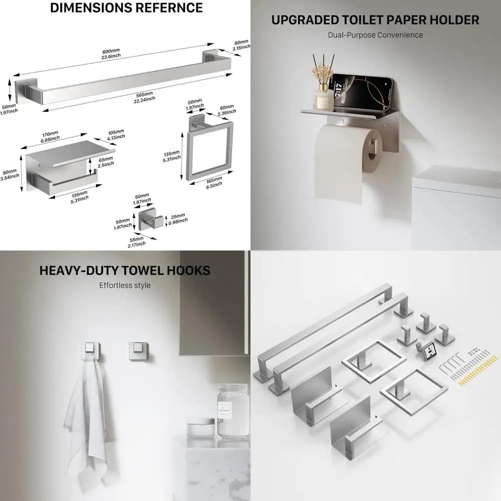 Set di Accessori per Bagno in Nichel Spazzolato da 23,6 Pollici, Portasciugamani in Acciaio Inox, Porta Carta Igienica, Ganci e Anello