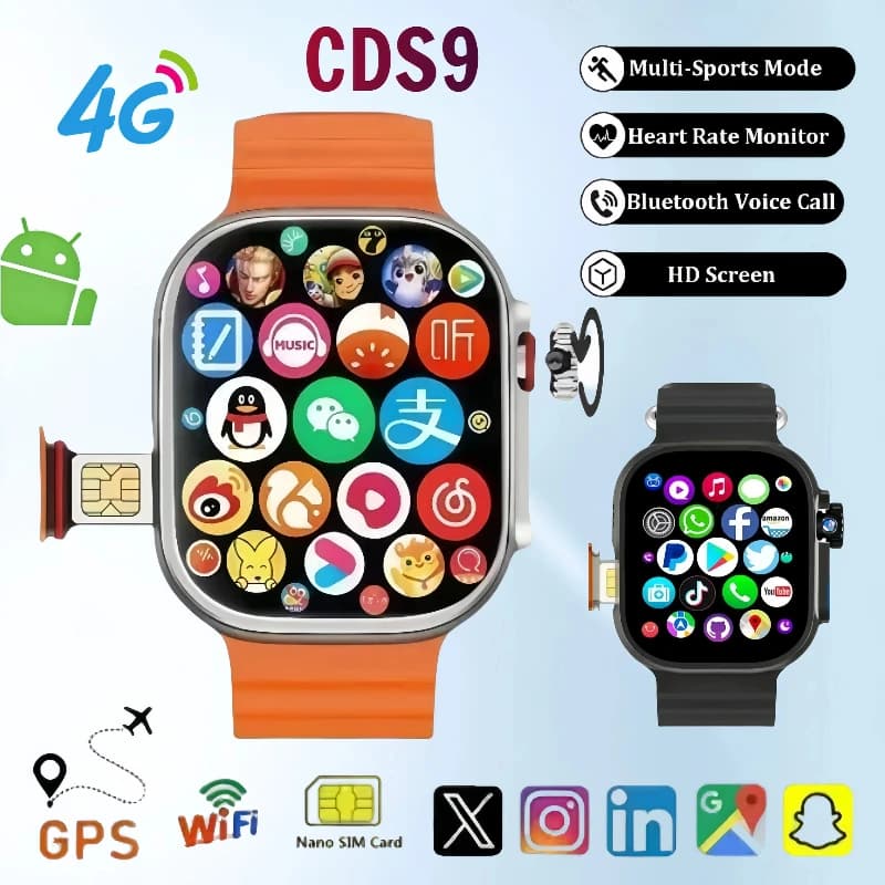 Smart watch Android full network 4G CDS9 with SIM card GPS Wifi Rotating camera Cardiofrequencymeter Sports monitor Google Play